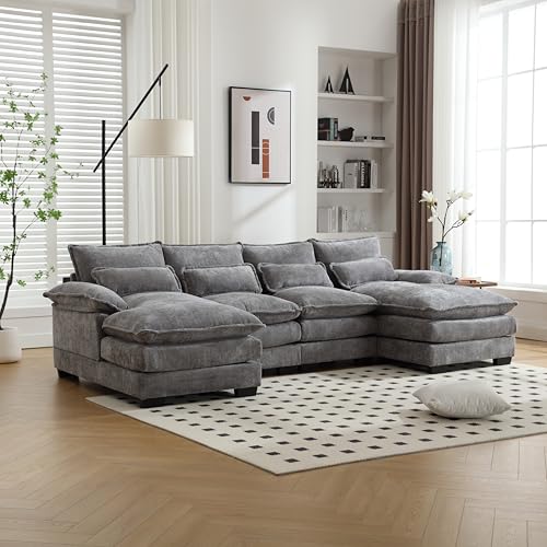 6 Seater Overstuffed Modular Sectional Sofa Cloud Couch with Double Chaise Lounge, U Shaped Chenille Upholstered Leisure Sofa&Couches with Memory Foam and Waist Pillows for Living Room Office Eafurn