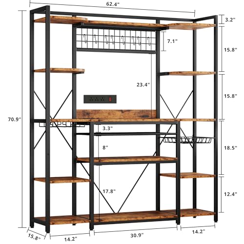 IRONCK Large Bakers Rack with Power Outlet, 62 Inch Wide Microwave Stand, Coffee Bar with Storage, Kitchen Racks and Shelves, Vintage Brown