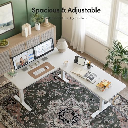 CubiCubi L Shaped Standing Desk 63 x 55 Inch Adjustable Height, Electric Corner Desk, Sit Stand Home Office Desk with Splice Board, White CubiCubi
