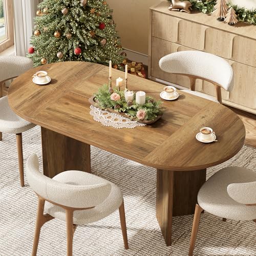 LITTLE TREE 63" Rustic Oval Dining Table for 2-4, Sturdy MDF Farmhouse Kitchen Table with Metal Strip Base, for Living Room, Office, Restaurant, Multi-Use, Umber LITTLE TREE