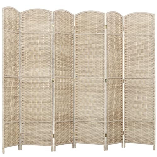 HOMCOM 6 Panel Room Divider, 6' Tall Folding Privacy Screen, Woven Freestanding Wall Partition for Home Office, Bedroom, Washed Oak HOMCOM