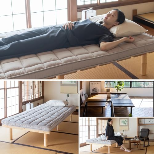 EMOOR Japanese Futon Mattress & Wood Slatted Bed Set Machi-OSMOS Twin (Earth-Natural), Solid Pine 3-Heights Adjustable Easy-Assemble Japanese Sleeping Bed Tatami Mat EMOOR