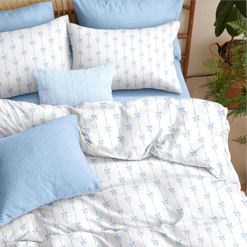 Bildenly Comforter Set Full Size White - Blue Bow Quilt Bedding Set 3 Pieces, Comforter Set Full, Soft & Lightweight Comforter(79‘’ x 90‘’) for Girl All Season & 2 Pillow Cases(30‘’x20‘’) Bildenly