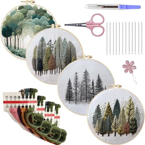 4 Pack Embroidery Kit for Adult - 15x15cm Pre-Stamped Tree Pattern Cross Stitch Kit with 5.91 Inch Bamboo Hoop, Floss, Needles - DIY Craft Kit for Home Decoration & Gift Giving