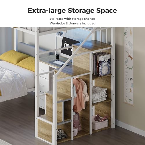 Kikihouse Twin Over Twin Loft Bunk Bed with Desk, Stairs, Drawers & Storage Shelves, L-Shaped Metal Bunk Bed with Charging Station & LED Light for Kids, Teens, Adults (Twin Over Twin) Kikihouse