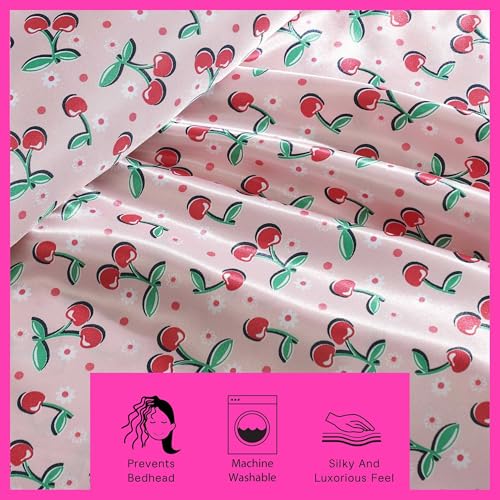 Betsey Johnson - King Bed Sheets, Satin Bedding Set with Matching Pillowcases, Wrinkle & Fade Resistant, Silky Smooth for Healthy Hair (Cherry Good Day Pink) Betsey Johnson