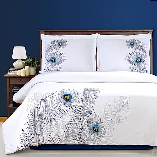 100% Cotton, 3-Piece King/California King, Single Ply, Soft, Embroidered Peacock Duvet Cover Set, Silver Superior