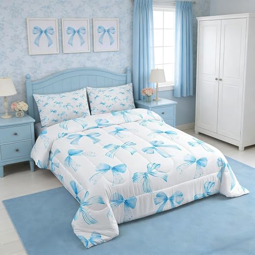 Feelyou Sky Blue Bow Bedding Set for Kids Boys Girls Twin Size Cute Dreamy Princess Style Comforter Set Ultra Soft Bow Pattern Comforter Sky Blue Bowknot Duvet Quilt Bedroom Decor Bow Quilt Feelyou