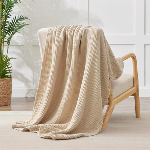 100% Cotton Muslin Blanket Queen 90" x 90", 6 Layers Breathable and Lightweight Cotton Throw Blanket for Bed, Soft Quilt Bedspread Coverlet, Gauze Blanket for Adults All Season, Beige Linen, Oatmeal Kozyhvn