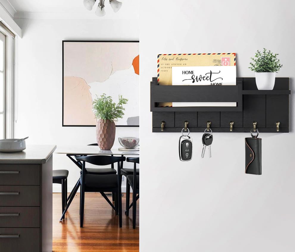 RelaxScene Key Holder Wall Mount - Decorative Key Rack and Mail Organizer with 6 Key Hooks - Wooden Key Hanger with Shelf for Living Room Decor - Rustic Farmhouse Home Entryway Aesthetic Essentials RelaxScene