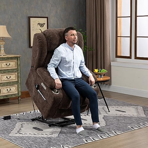 2024 Power Lift Recliner Chair with Full-Body Massage and Heat for Elderly, Hand Remote Control, Upgraded Powerful Motor, Extended Footrest, USB Ports, Stainless Steel Cup Holders, Chenille Brown Trustyue