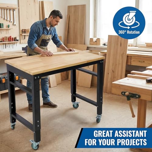 Garage Rolling Workbench - 35"X20" Adjustable Height Work Bench with Lockable Wheels | 2000Lbs Heavy Duty Rubber Wood Top Work Table Tool Bench for Workshop, Garage, Office, Home Nanberone