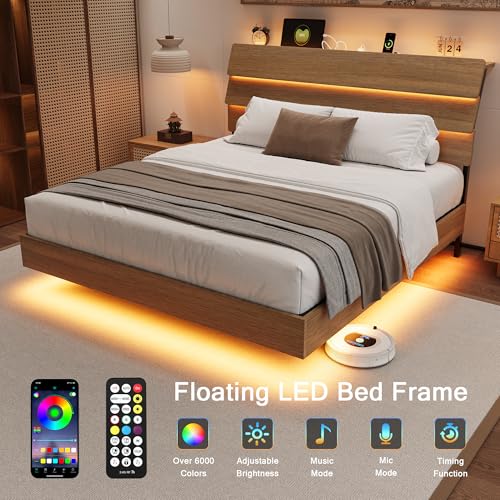 Einhomn Floating Bed Frame Full with Led Lights and Charging Station, Full Size Platform Bed Frame w/Storage Headboard, Heavy Slats Support, No Box Spring Needed, Noise Free, Easy Assembly, Walnut Einhomn