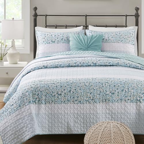 Madison Park Queen Quilt Set, Seersucker Floral Coverlet, All Season Lightweight Microfiber Bedding Quilt Set, Vermicelli Quilting Design, Throw Pillow, Caralie, Full/Queen Aqua 4 Piece Madison Park
