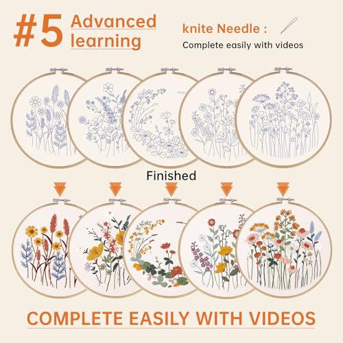 CYANFOUR 5 Pack Beginner Embroidery Kit for Adults, Easy to Learn Floral Embroidery Patterns from Video & Instruction, Needlepoint Kits for Adults Include Embroidery Hoop, Colorful Threads, Tools