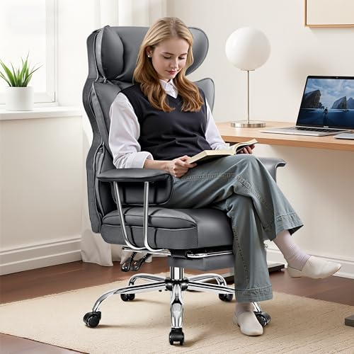 ALLGOD Office Chair Comfy, Big and Tall Executive Leather Chair, High Back Ergonomic Wide Chair with Footrest, Reclining Computer Desk Chair, Heavy Duty Gaming Chair with Padded Arm and Pillow, Grey ALLGOD