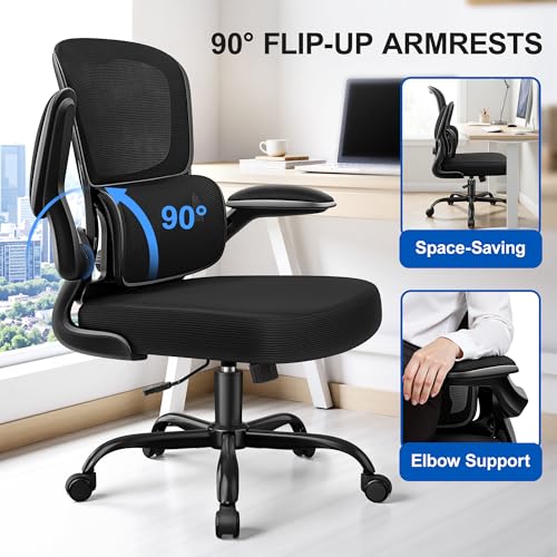 ALLGOD Ergonomic Office Chair, Breathable Mesh Ergonomic Desk Chair with Adjustable Lumbar Support, Flip-up Armrests, Computer Chairs Comfortable for Home, Office, Work, 300lbs, Black ALLGOD