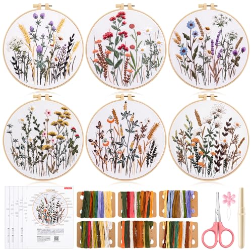 6 Pack Embroidery Kit for Beginners and Adults, Flower Cross Stitch Kits Needlepoint Kits, Hand Embroidery Kit Includes 6 Floral Embroidery Patterns, 1 Embroidery Hoop, Instructions and Other Tools