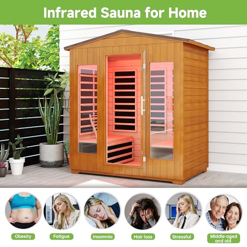 Springspa Outdoor Sauna 4 Person, Infrared Sauna for Home, Wooden Outdoor Saunas Room, 3400 Low EMF Far Infrared with Bluetooth, LCD Panel, 7 Color Chromotherapy Lamp, Reading Lamp springspa