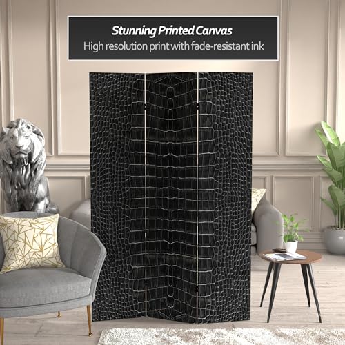 Red Lantern 6 ft. Tall Double Sided Black Crocodile Print Canvas Room Divider 3 Panel Freestanding Folding Privacy Screen Partition and Separator for Modern and Contemporary Bedroom Home Office Studio Red Lantern