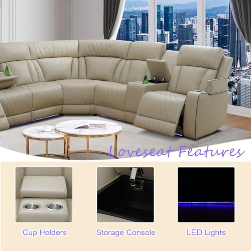 Nervlox Power Reclining Sectional Sofa, L-Shaped Living Room Furniture Set, Light Brown Leather Recliner Sofa, Reclining Sectional Couch with LED/Storage Console/Cup Holder/USB/Type C for Office/Home