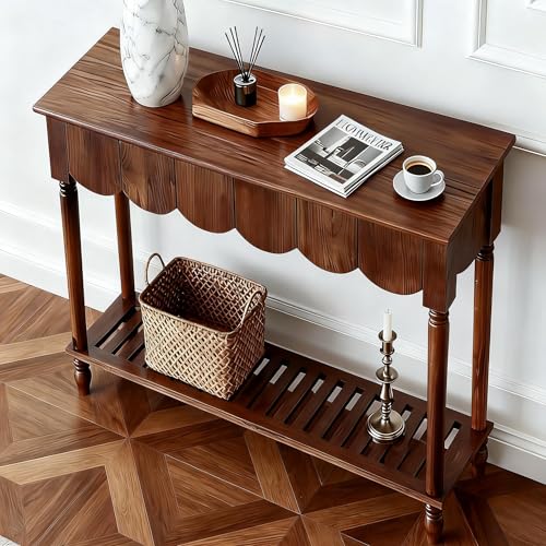 UACSYBH Wood Scalloped Console Table with 3 PCS Drawers, Narrow Entryway Table with Storage Shelf, Mid-Century Hallway Accent Table, Behind Couch Sofa Table Space-Saving (46.4" - 3 Drawers) UACSYBH