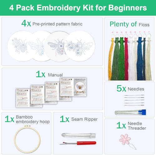 Huacan Embroidery Kit for Beginners Adults Includes Stamped Bee and Flower Pattern, Hoop, Color Threads,Tools,Easy to Follow Instruction