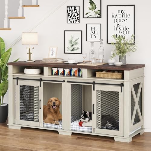 GarveeLife 71'' Dog Crate Furniture for 1 or 2 Dogs, Large Double Dog Cage with 3 Storage Drawers & Removable Divider, Dog Kennel As TV Stand, Furniture Style Dog Crates with Sliding Barn Door GarveeLife