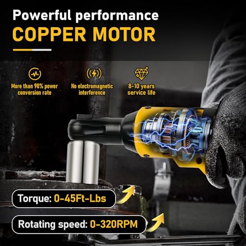 Daspom Cordless Ratchet Wrench 3/8", Electric Ratchet Wrench for DEWALT 20V MAX Battery, 45Ft-Lbs 320RPM with Variable Speed, 3/8" to 1/4" Sealed Head Ratchet, Bare Tool Only Daspom