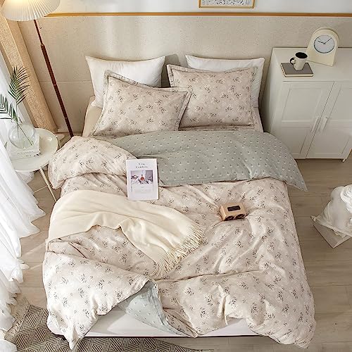 HighBuy Boho Floral Duvet Cover Full Cotton Aesthetic Bedding Set,Comforter Cover 3 Piece,Reversible Green Garden Lightweight,Soft,Zipper Closure,Breathable,All Season HighBuy