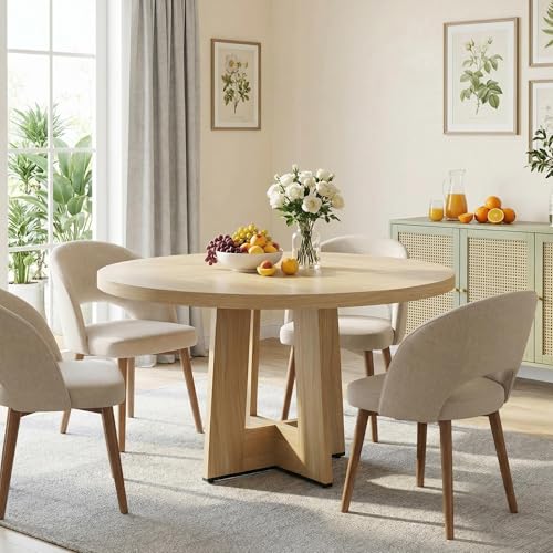 Garvee 47" Round Dining Table for 4-6 People - Circle Kitchen Dinner Table with Sturdy Pedestal Base, Space Saving Dinning Room Furniture for Living Room, Kitchen, Apartment, Natural Garvee
