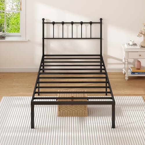 Kujielan Twin Size Bed Frame with Modern Headboard, Metal Platform Bed Base with Strong Support, No Box Spring Needed, Easy Assembly, Noise Free,Black Kujielan