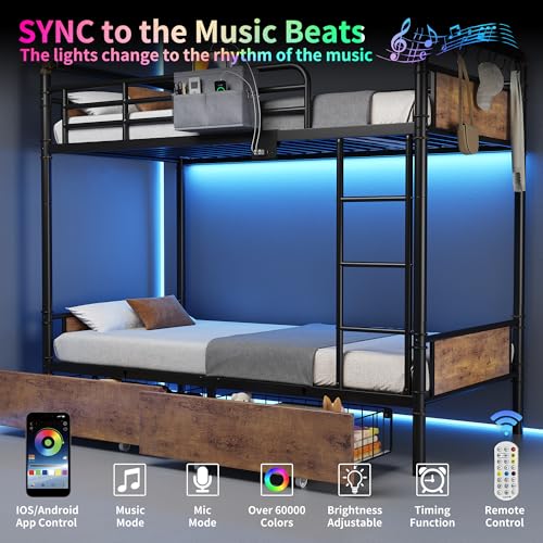 Jocoevol Metal LED Bunk Bed Twin Over Twin with 2 Storage Drawers, USB Charging Station, Industrial Bunkbeds Heavy Duty Bed with Safety Guardrail and Ladder, No Box Spring Needed, Vintage Brown Jocoevol