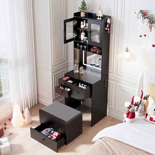 Garvee 3 in 1 Vanity Desk with LED Light, Tall Makeup Vanity Set with 2 AC Outlets & USB-c, Dressing Table with Drawers & Acrylic Doors, Nightstand Vanity Mirror, Jewelry Box, Cushioned Chair, Black Garvee