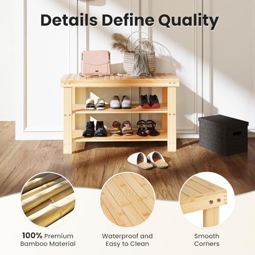 DUMOS Shoe Rack Bench, 3-Tier Bamboo Entryway Benches, Holds Up to 286 lb Storage Organizer, 11.22 x 27.6 x 18 Inches, Suitable for Bedroom Living Room Balcony, Classical Wood DUMOS