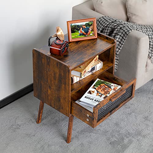 Lerliuo Rattan Nightstand, Boho Side Table with Drawer Open Shelf, Cane Accent Bedside End Table with Solid Wood Legs for Bedroom, Dorm and Small Spaces (Brown) Lerliuo