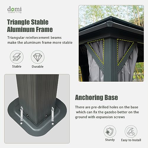 Domi Hardtop Gazebo 12x18FT, Aluminum Metal Gazebo with Galvanized Steel Double Roof Canopy, Curtain and Netting, Permanent Gazebo Pavilion for Patio, Backyard, Deck and Lawn, Grey domi outdoor living
