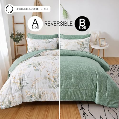 WONGS BEDDING Botanical Comforter Set Queen, 7 Pieces Green Reversible Bed in a Bag Floral Leaves Bedding Soft Microfiber Queen (1 Comforter,2 Pillowcase,2 Pillow Shams,1 Flat Sheet,1 Fitted Sheet) WONGS BEDDING