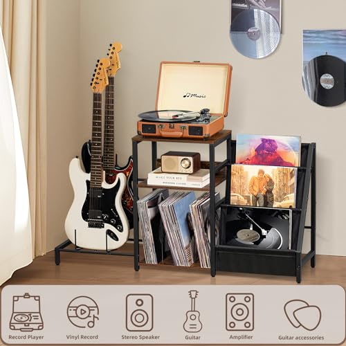 LELELINKY Record Player Stand, Adjustable Guitar Stand for Acoustic Guitar, Electric Guitar, Bass, Turntable Stand with Vinyl Display Shelf Storage Up to 150 Albums,Brown End Table for Music Room LELELINKY