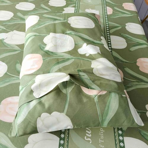 SDIII Green Floral Twin Bed Fitted Sheet with 2 Pillowcases, Not Including Flat Sheet, Soft Microfiber Rabbit and Floral Bed Fitted Sheets Twin Size SDIII