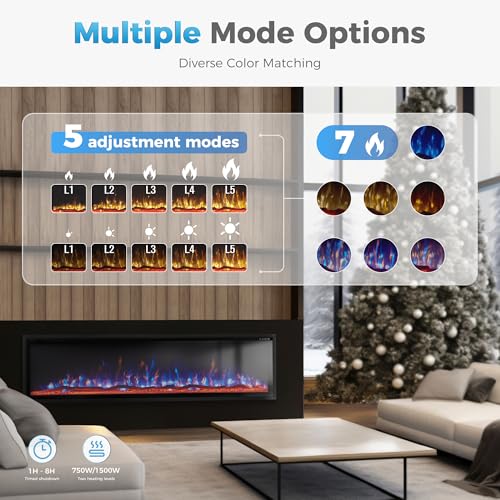 GREEN PARTY 72" Electric Fireplace Recessed/Wall Mounted Ultra-Narrow Bezel Fireplace Heater with Log & Crystal Options, 750W/1500W, Adjustable Flame Bed Colors, Speed, Timer, Temperature (60.8℉-86℉) GREEN PARTY