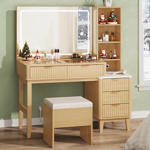 WLIVE Vanity Table with Large LED Mirror & Charging Station – Luxury Makeup Vanity Desk with 5 Drawers, Glass Top and Adjustable Lighting, Oak WLIVE