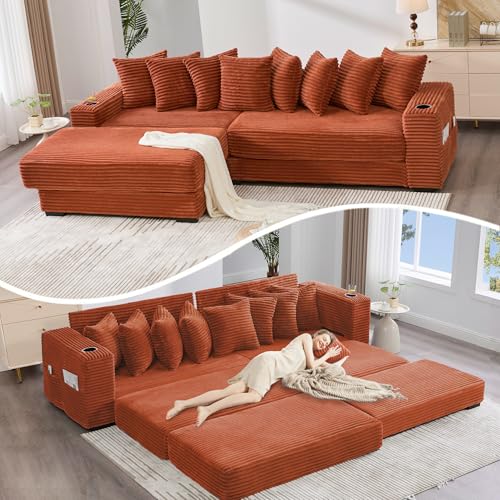 Modular L Shaped Sectional Couch Sofa with Movable Footstool, Cup Holders, 8 Pillows, Side Pockets, Converts to Bed, 110.75 Inch Corduroy Fabric for Living Room,Orange Generic