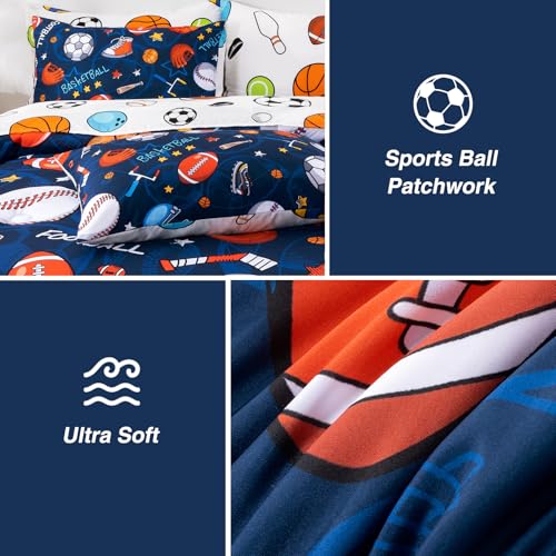 A Nice Night 6Pcs Bed in A Bag Twin Sports Microfiber Modern Comforter Set,Navy Rugby Ball Printed Bedding Collections,for Boys Kids Teen A Nice Night