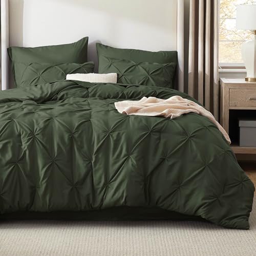 Bedsure King Size Comforter Set Olive Green - Bed in a Bag Bedding Set 7 Pieces, GentleSoft™ Pintuck Bed Set Gift for Family, Pinch Pleat Olive Green Comforter with Sheets, Pillowcases & Shams Bedsure