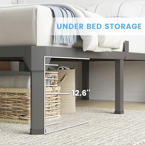 Superay King Bed Frame with Mattress Slide Stopper, 14 Inch Metal Platform Bed Frame, Heavy Duty Tall Bed Frame No Box Spring Needed with Large Storage Space, Easy Assembly, Noise Free Superay