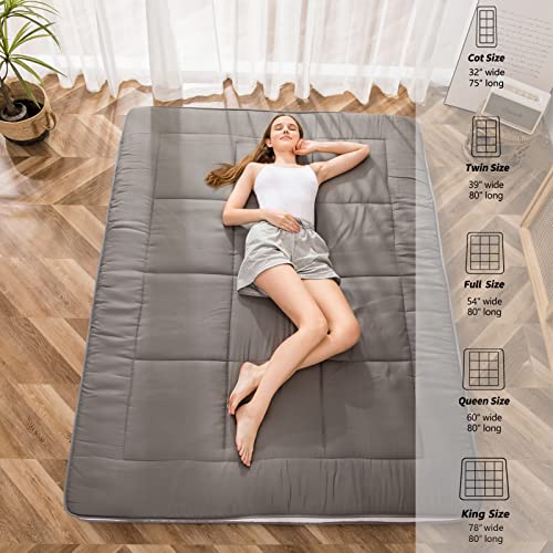 MAXYOYO Futon Mattress, Padded Japanese Floor Mattress Quilted Bed Mattress Topper, Extra Thick Folding Sleeping Pad Breathable Floor Lounger Guest Bed for Camping Couch, Dark Grey, Queen MAXYOYO
