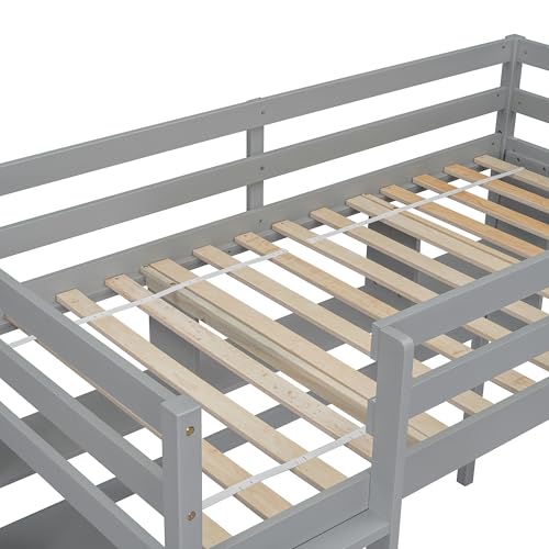 PVWIIK Twin Size Loft Bed with Shelves and Desk,Solid Wood Loft Bed Frame w/Safety Guardrail and Ladder,Space Saving Design, No Box Spring Needed, Grey PVWIIK