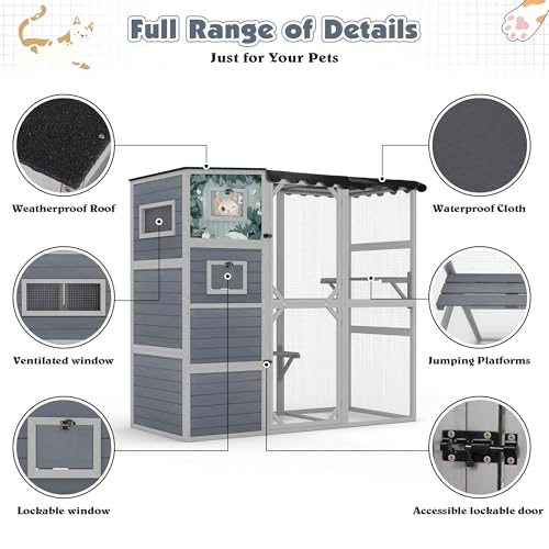 COZIWOW Large Wood Cat Catio, Outdoor Enclosure with Weatherproof Roof, 2 Resting Rooms, 2 Platforms, 4-Tier Cat Playpen (Grey with Pattern) COZIWOW