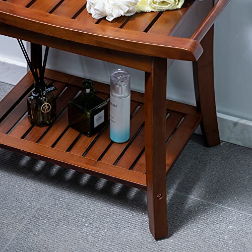 Forevich Bamboo Shower Bench Stool with Storage Shelf Waterproof Shower Chair Spa Bath Seat Excellent for Indoor Use Chestnut Brown Forevich